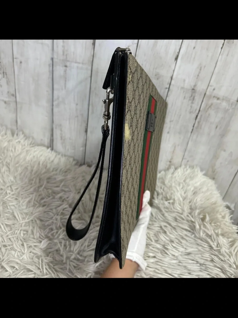 Gucci Beige GG Supreme Canvas Wristlet with Red and Green Web Stripe